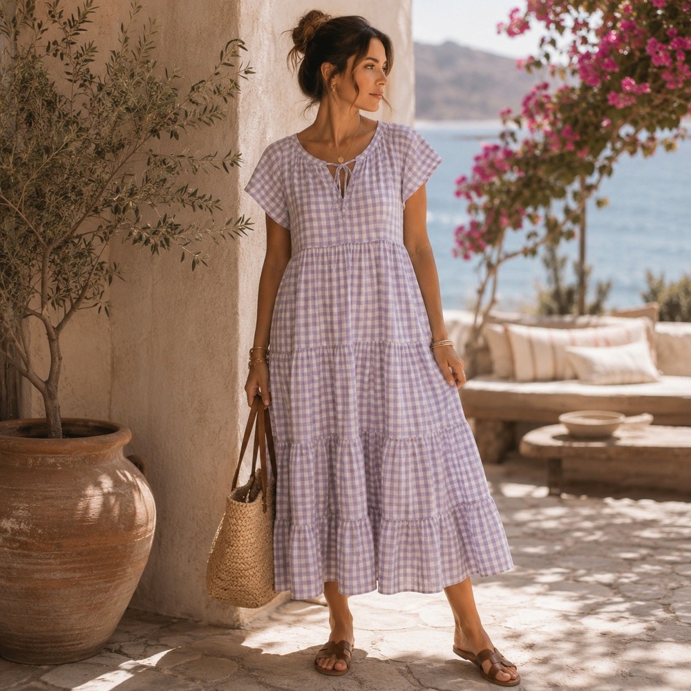 Piper & Scoot Lavender Gingham Tiered Midi Dress Purple Cream Small Cottagecore